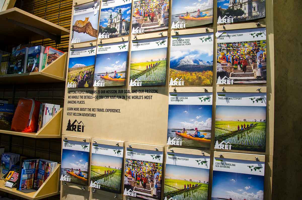 wall of potential adventure capabilities at REI