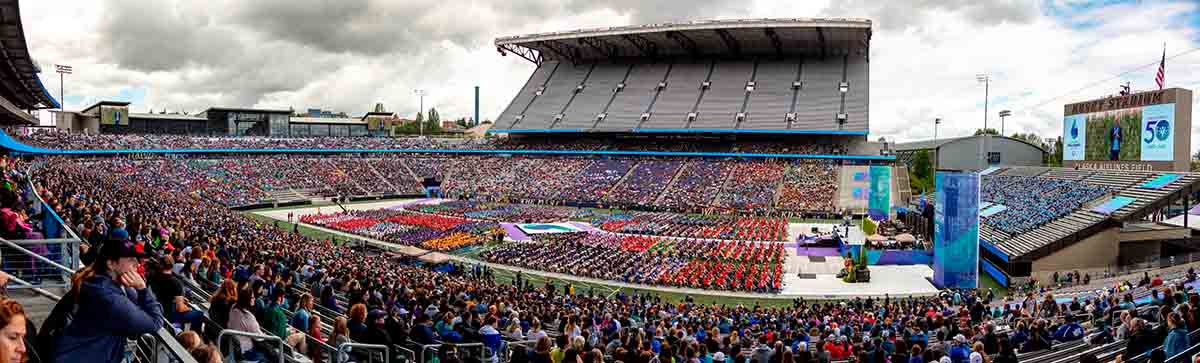 panorama image of the opening ceremony at Special Olympics in Seattle