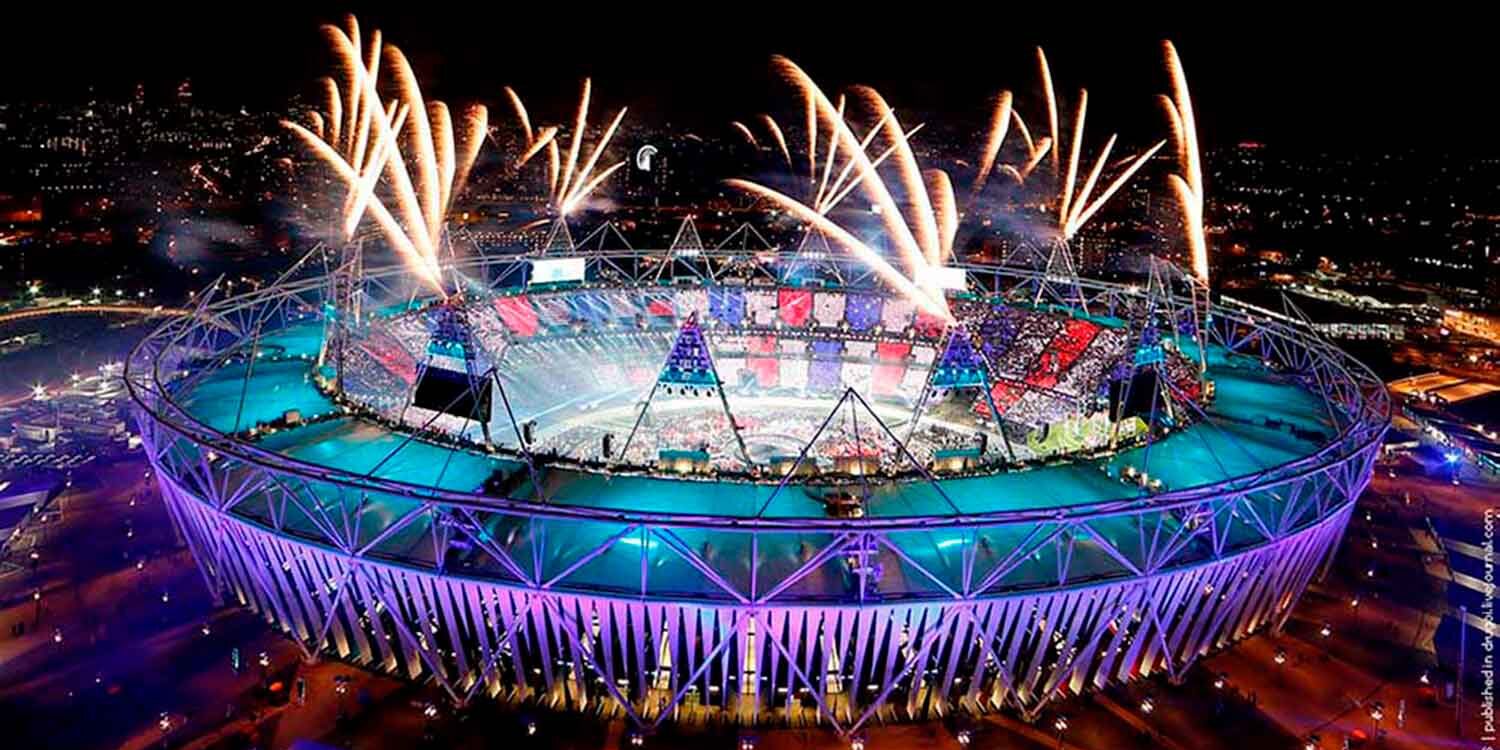 branded environments for london olympic stadium at night with fireworks
