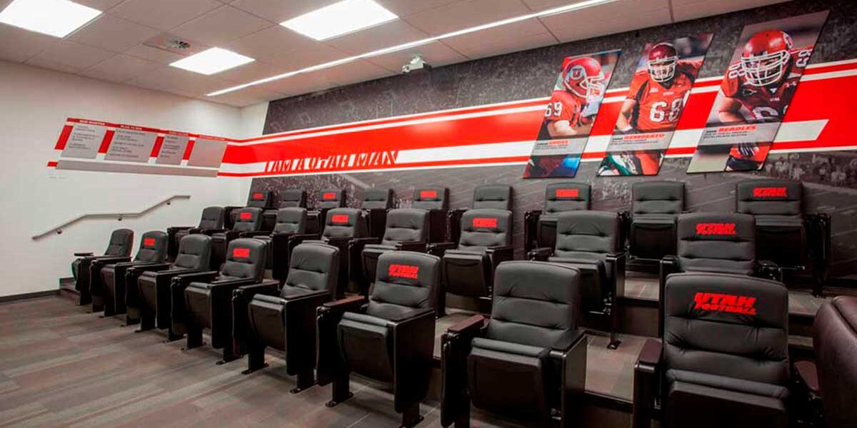 University of Utah branded screening room Utah football screening room branding